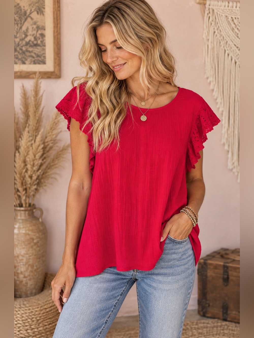 Anthropologie Skies Are Blue Red Flutter Sleeve Eyelet Blouse